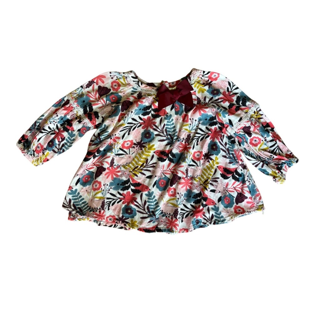 Tommy Bahama Baby Girl Floral Bird Print Blouse Pink Teal 3-6M Rayon Bow Top